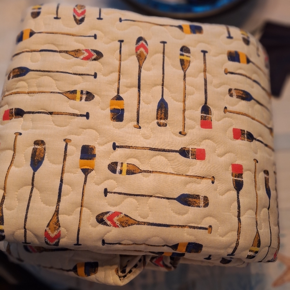 Quilted Oar Print Quilt Cream with Navy, Mustard & Red King Size Wirh Shams New.